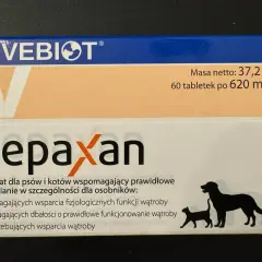 Opakowanie preparatu Hepaxan dla psów i kotów, wspierającego wątrobę. Zawiera 60 tabletek.