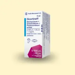 Opakowanie kropli do oczu i uszu Dicortineff. Zawiera neomycynę, gramicydynę i fludrokortyzon.