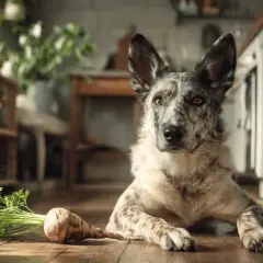 Pies leży obok pęczka pietruszki, zastanawiając się, czy pies może jeść pietruszkę.