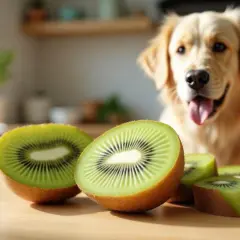 Złoty retriever z zaciekawieniem patrzy na pokrojone kiwi. Czy pies może jeść kiwi? Oto pytanie, na które szukamy odpowiedzi, gdy widzimy tę scenę.
