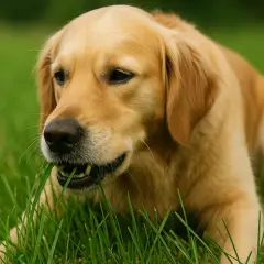 Złoty retriever w trawie, z apetytem gryzie zielone źdźbła. Pies je trawę, ciesząc się wiosennym dniem.