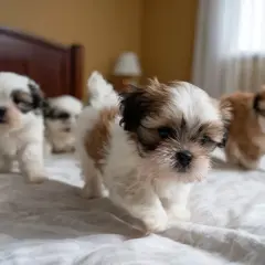 Cztery szczenięta rasy Shih Tzu na białej pościeli. Idealne imię dla suczki? Może Luna, Daisy, czy Bella?