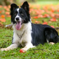Inteligentny border collie leży na trawie wśród jesiennych liści. Uważany za jedne z najmądrzejszych psów, ten pies wygląda na zadowolonego.