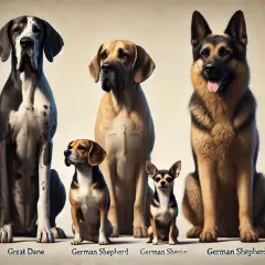 Rasy psów małych i średnich: Leat Dog, Great Dane, Beagle, German Shepherd i Chihuahua.