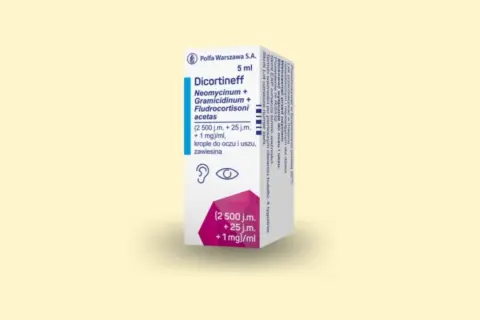 Opakowanie kropli do oczu i uszu Dicortineff. Zawiera neomycynę, gramicydynę i fludrokortyzon.