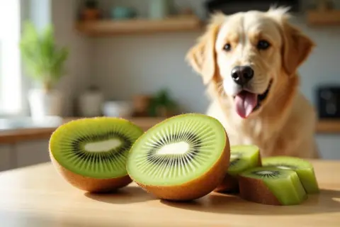 Złoty retriever z zaciekawieniem patrzy na pokrojone kiwi. Czy pies może jeść kiwi? Oto pytanie, na które szukamy odpowiedzi, gdy widzimy tę scenę.