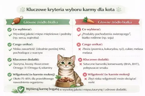 Porównanie karm dla kotów: wybieraj mięso, unikaj zbóż. Kluczowe kryteria wyboru karmy, by kot był zdrowy.
