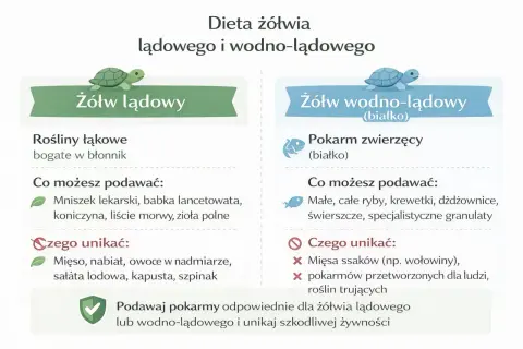 Co jedzą żółwie? Lądowe – rośliny łąkowe, wodno-lądowe – pokarm zwierzęcy. Unikaj mięsa, nabiału i przetworzonej żywności.
