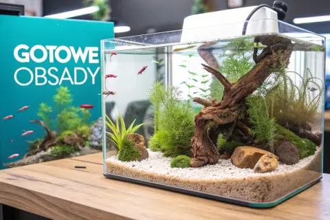 Małe akwarium z gupikami i roślinami, obok zielona tablica z napisem "GOTOWE OBSADY".