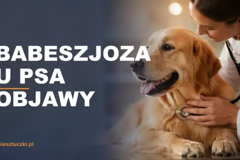 Weterynarz bada psa, u którego podejrzewa się babeszjozę. Na ekranie widnieje napis "BABESZJOZA U PSA OBJAWY".