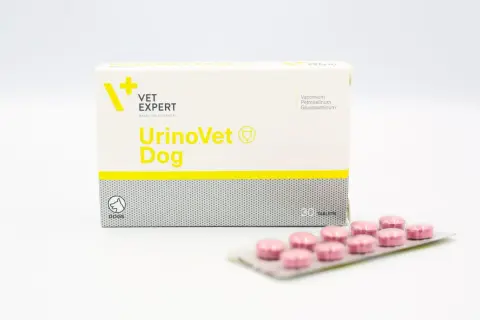 Opakowanie Urinovet Dog z tabletkami. Preparat dla psów wspierający zdrowie dróg moczowych.