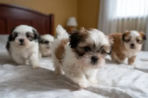 Cztery szczenięta rasy Shih Tzu na białej pościeli. Idealne imię dla suczki? Może Luna, Daisy, czy Bella?