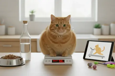 Gruby rudy kot na wadze, obok miska karmy i tablet z animacją biegnącego kota. Czas zacząć odchudzać kota!