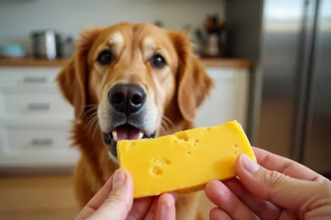 Złoty retriever patrzy z nadzieją na kawałek sera żółtego. Czy pies może jeść ser żółty? To pytanie zadaje sobie wielu właścicieli.