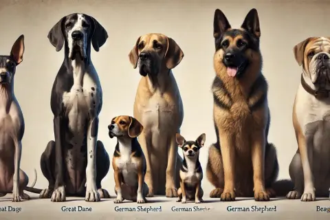 Rasy psów małych i średnich: Leat Dog, Great Dane, Beagle, German Shepherd i Chihuahua.