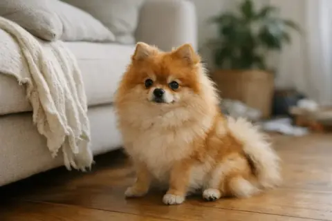 Uroczy pomeranian siedzi na drewnianej podłodze obok kanapy. Sprawdź aktualną pomeranian cena.