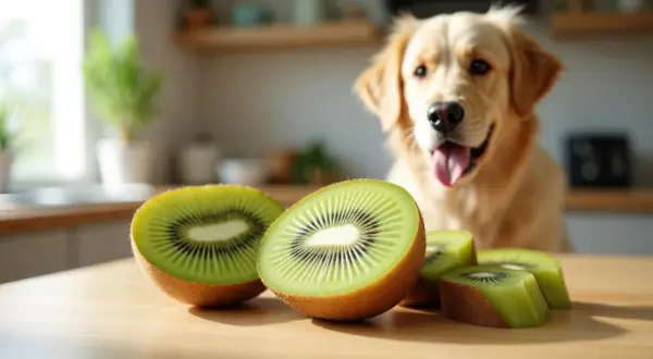 Złoty retriever z zaciekawieniem patrzy na pokrojone kiwi. Czy pies może jeść kiwi? Oto pytanie, na które szukamy odpowiedzi, gdy widzimy tę scenę.