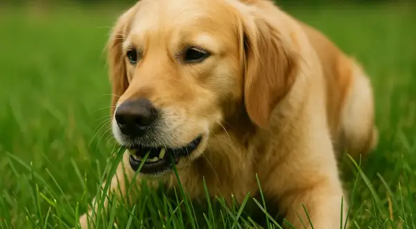 Złoty retriever w trawie, z apetytem gryzie zielone źdźbła. Pies je trawę, ciesząc się wiosennym dniem.