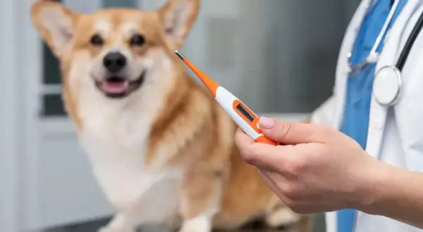 Weterynarz mierzy temperaturę psa. Corgi czeka cierpliwie na wyniki.