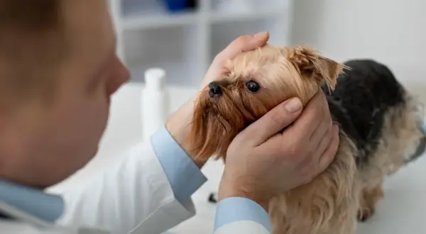 Wet nose and sad eyes of a Yorkshire Terrier during a vet visit for a cold. Wet nose and sad eyes of a Yorkshire Terrier during a vet visit for a cold.