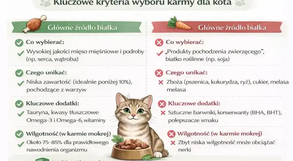 Porównanie karm dla kotów: wybieraj mięso, unikaj zbóż. Kluczowe kryteria wyboru karmy, by kot był zdrowy.