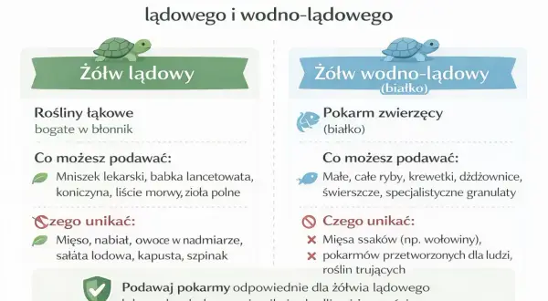 Co jedzą żółwie? Lądowe – rośliny łąkowe, wodno-lądowe – pokarm zwierzęcy. Unikaj mięsa, nabiału i przetworzonej żywności.