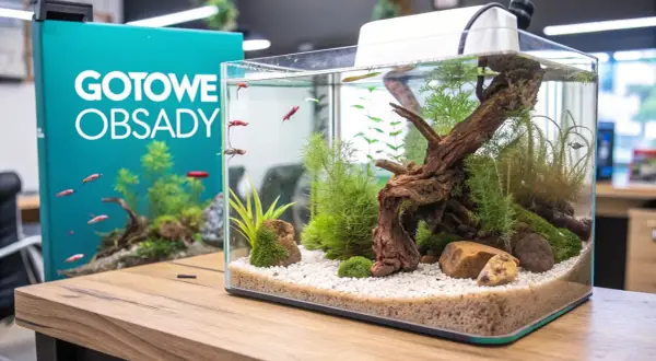 Małe akwarium z gupikami i roślinami, obok zielona tablica z napisem "GOTOWE OBSADY".