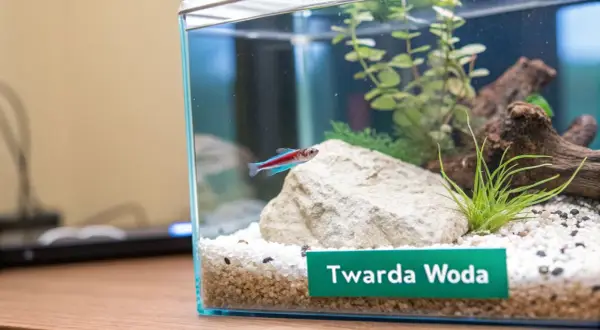 Małe akwarium z neonką i roślinami. Na dnie kamienie i napis "Twarda Woda", sugerujący rodzaj wody do akwarium.