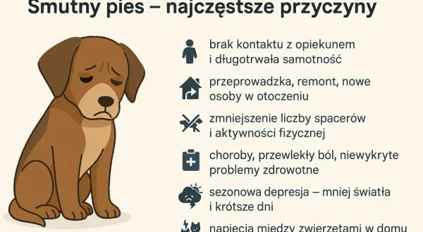 Smutny pies z opuszczonymi uszami siedzi obok listy przyczyn jego przygnębienia: samotność, zmiany, brak ruchu, choroby, depresja i konflikty.