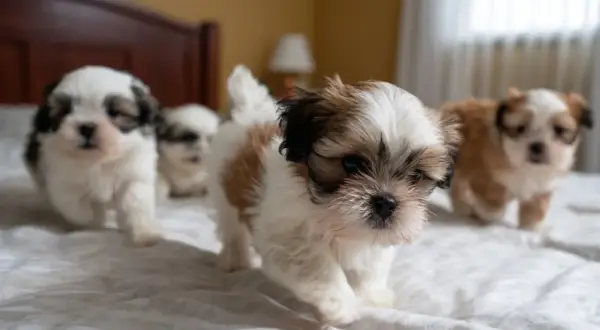 Cztery szczenięta rasy Shih Tzu na białej pościeli. Idealne imię dla suczki? Może Luna, Daisy, czy Bella?