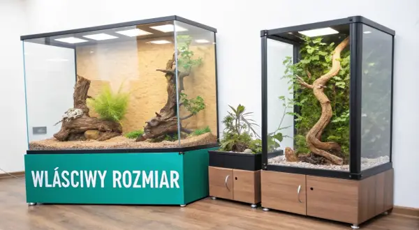 Dwa szklane teraria z roślinnością i korzeniami. Jedno z nich ma zielony napis "WŁAŚCIWY ROZMIAR".