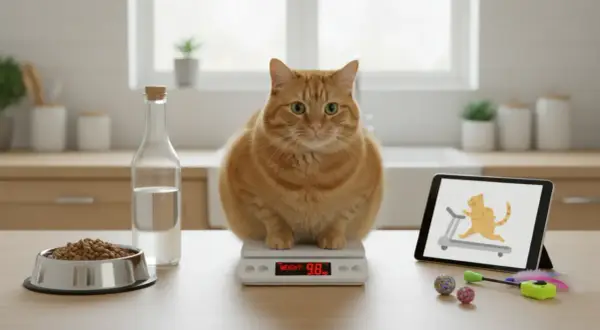 Gruby rudy kot na wadze, obok miska karmy i tablet z animacją biegnącego kota. Czas zacząć odchudzać kota!