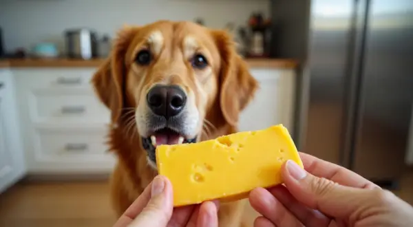 Złoty retriever patrzy z nadzieją na kawałek sera żółtego. Czy pies może jeść ser żółty? To pytanie zadaje sobie wielu właścicieli.