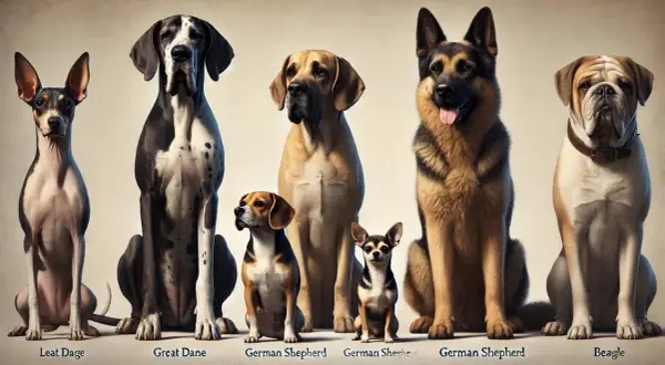 Rasy psów małych i średnich: Leat Dog, Great Dane, Beagle, German Shepherd i Chihuahua.