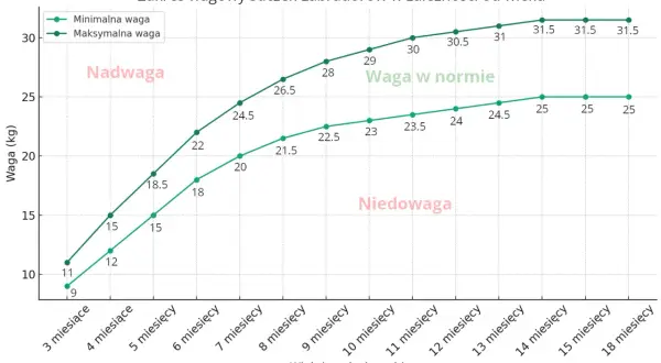Wykres pokazuje zakres wagi suczek labradora od 3 do 18 miesięcy. Waga w normie dla labradora jest zaznaczona zielonymi liniami.