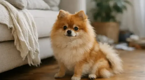 Uroczy pomeranian siedzi na drewnianej podłodze obok kanapy. Sprawdź aktualną pomeranian cena.