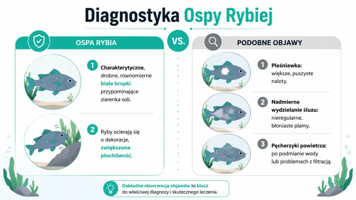 Grafika porównuje ospę rybią (drobne białe kropki, ocieranie się ryb) z podobnymi objawami (pleśniawka, nadmierny śluz, pęcherzyki powietrza).