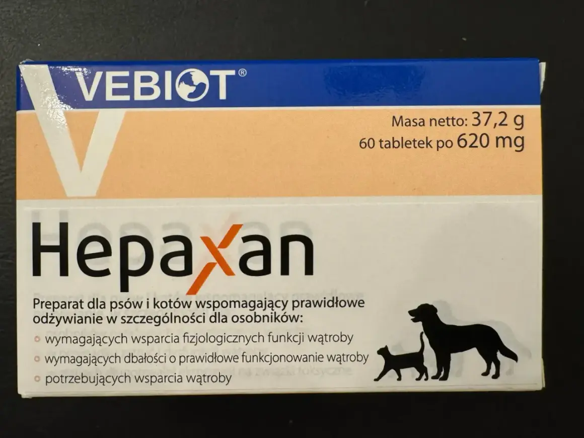 Opakowanie preparatu Hepaxan dla psów i kotów, wspierającego wątrobę. Zawiera 60 tabletek.