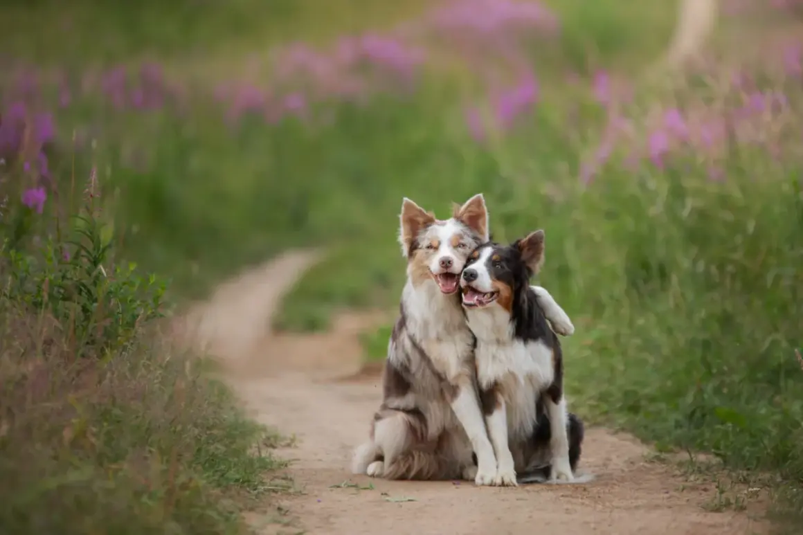Dwa psy, jeden border collie blue merle, przytulają się na ścieżce wśród kwitnących łubinów.