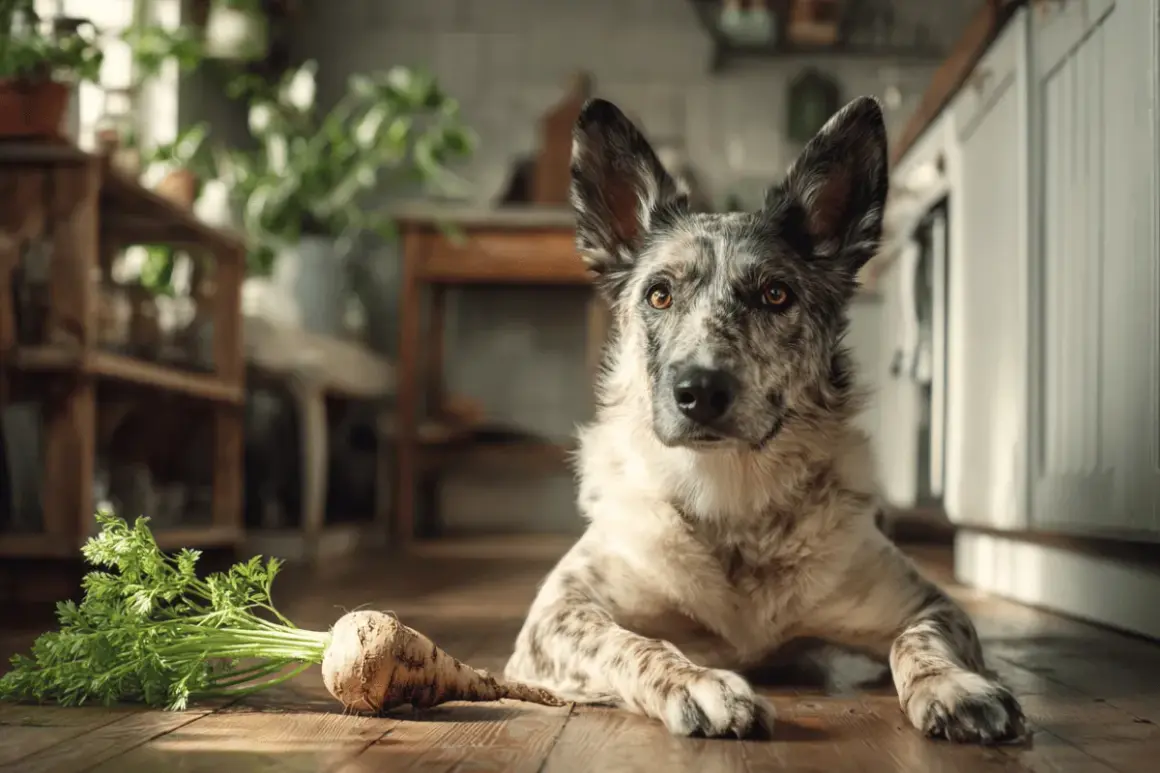 Pies leży obok pęczka pietruszki, zastanawiając się, czy pies może jeść pietruszkę.