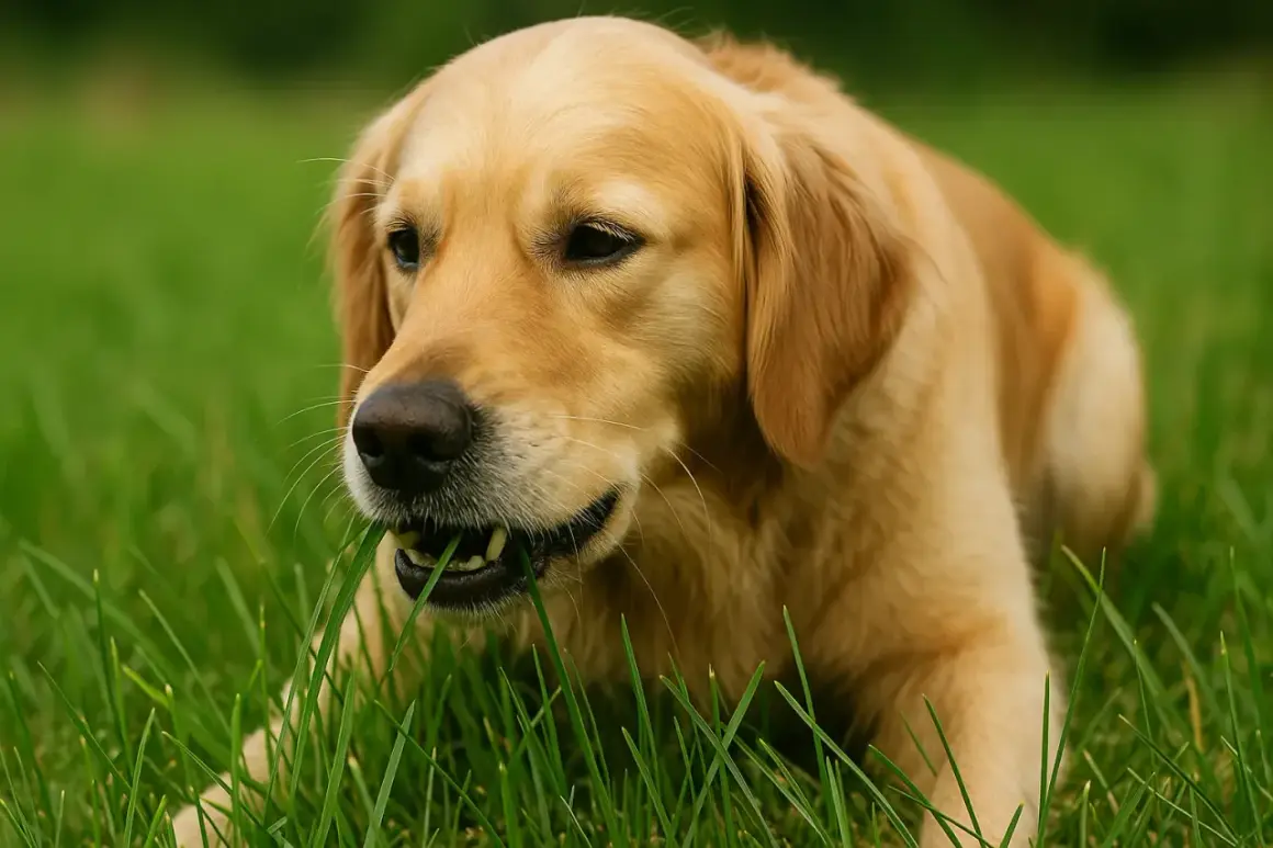 Złoty retriever w trawie, z apetytem gryzie zielone źdźbła. Pies je trawę, ciesząc się wiosennym dniem.