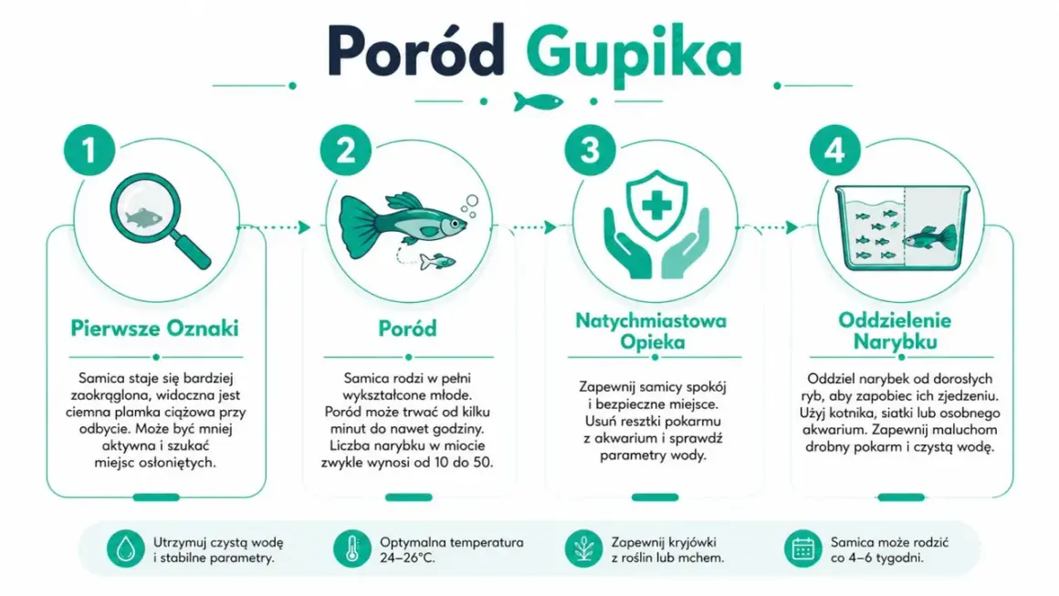 Ilustracja przedstawia etapy porodu gupika: pierwsze oznaki, sam poród, opiekę nad samicą i oddzielenie narybku.