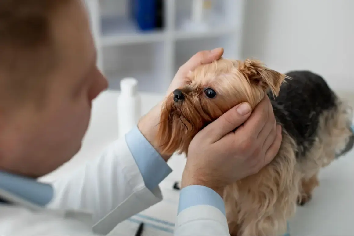Wet nose and sad eyes of a Yorkshire Terrier during a vet visit for a cold. Wet nose and sad eyes of a Yorkshire Terrier during a vet visit for a cold.