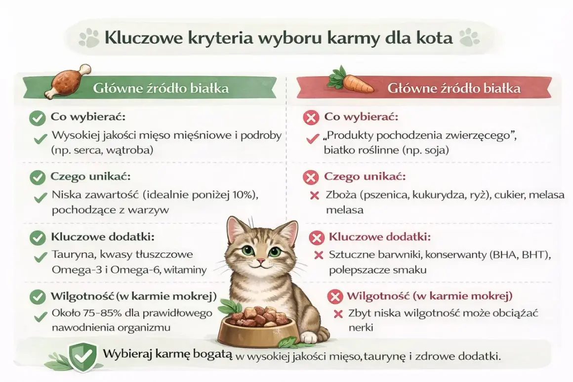 Porównanie karm dla kotów: wybieraj mięso, unikaj zbóż. Kluczowe kryteria wyboru karmy, by kot był zdrowy.