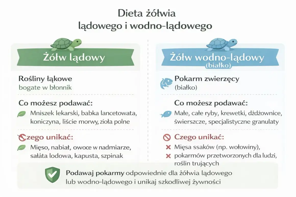 Co jedzą żółwie? Lądowe – rośliny łąkowe, wodno-lądowe – pokarm zwierzęcy. Unikaj mięsa, nabiału i przetworzonej żywności.