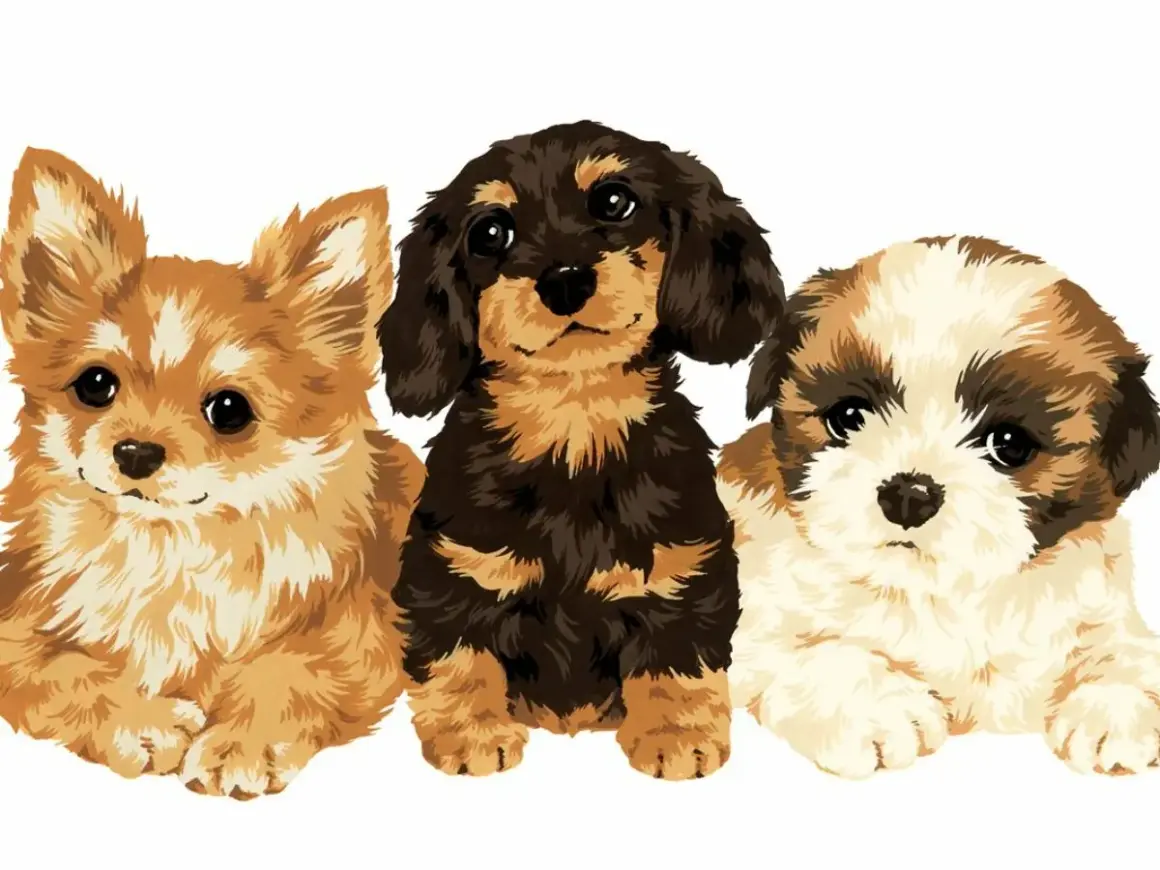 Trzy urocze szczenięta: rudy, jamnik i shih tzu. Dowiedz się, jak sie liczy wiek psa, patrząc na te słodkie pyszczki.