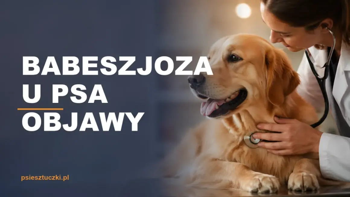 Weterynarz bada psa, u którego podejrzewa się babeszjozę. Na ekranie widnieje napis "BABESZJOZA U PSA OBJAWY".