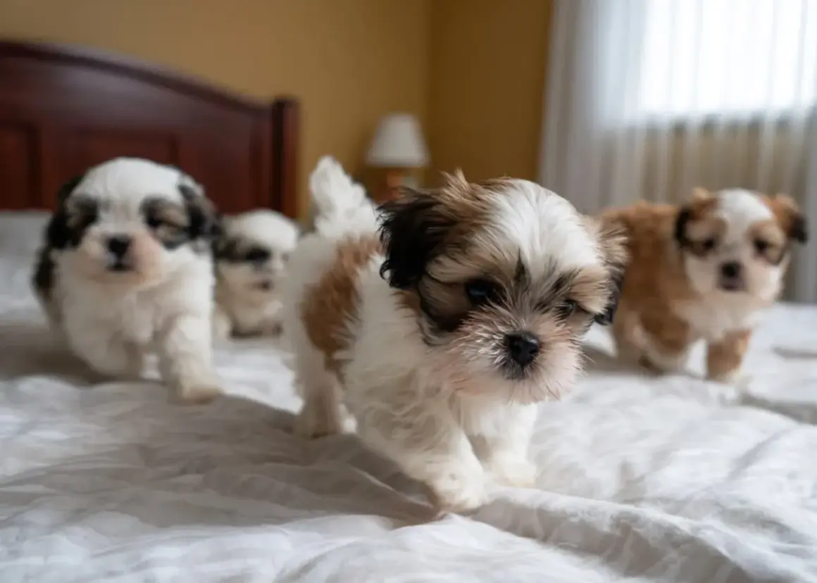 Cztery szczenięta rasy Shih Tzu na białej pościeli. Idealne imię dla suczki? Może Luna, Daisy, czy Bella?