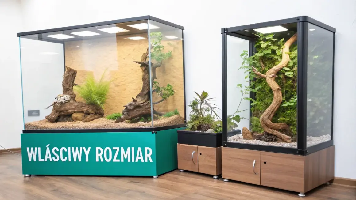 Dwa szklane teraria z roślinnością i korzeniami. Jedno z nich ma zielony napis "WŁAŚCIWY ROZMIAR".