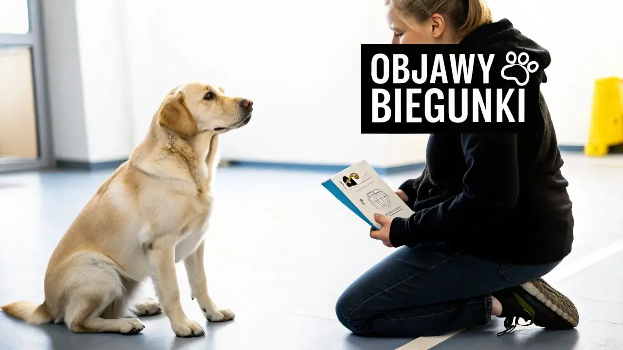 Labrador siedzi, patrząc na kobietę czytającą o objawach biegunki u psa.